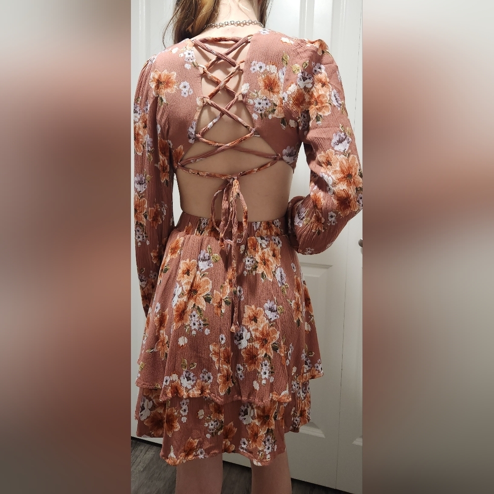 Altar'd State Floral Pink Dress Ruffles Long Sleeve Open Back Rose M